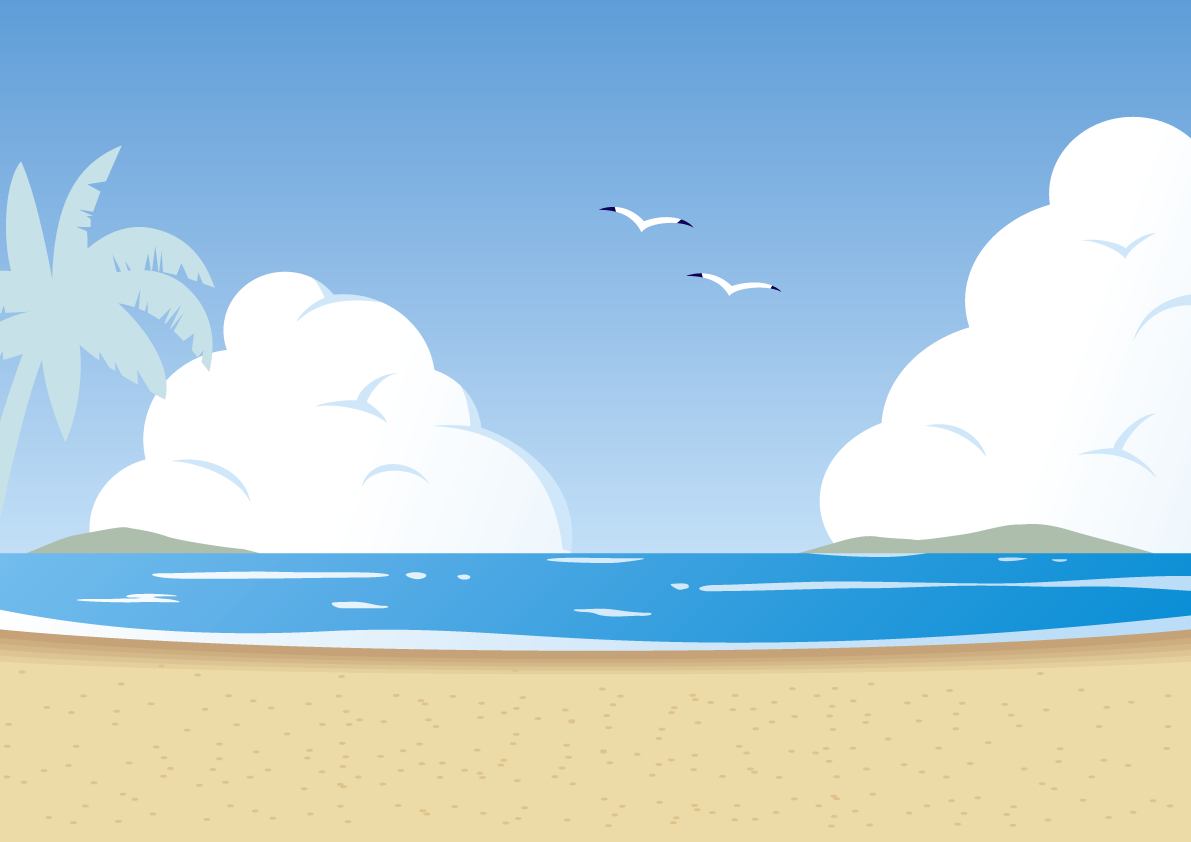 おしゃれかわいい夏の積乱雲(入道雲)海辺砂浜の無料フリー背景イラスト31966に写真・文字を入れる