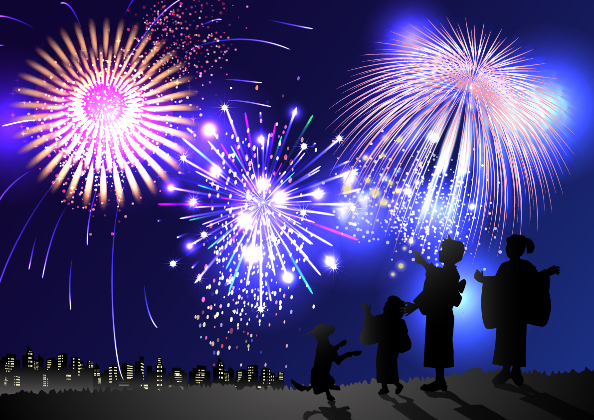 夏祭りの街で夜空に打ち上がる花火を眺める浴衣姿の子供背景イラスト無料フリー32547に写真・文字を入れる