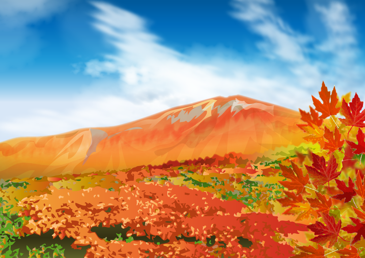秋の青空と山裾が紅葉している無料背景イラスト32575に写真・文字を入れる