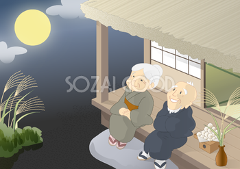 古民家の縁側で月見をする老夫婦 無料背景イラスト32595