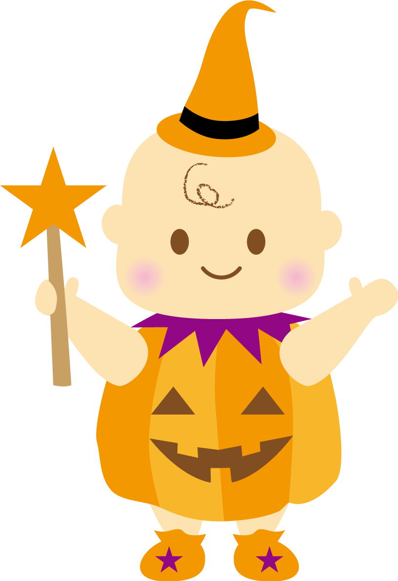 ハロウィンのかぼちゃコスプレをする赤ちゃん 秋の無料イラスト32759に写真・文字を入れる