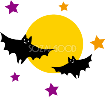 かわいいハロウィンの無料イラスト 満月とコウモリシルエット32808