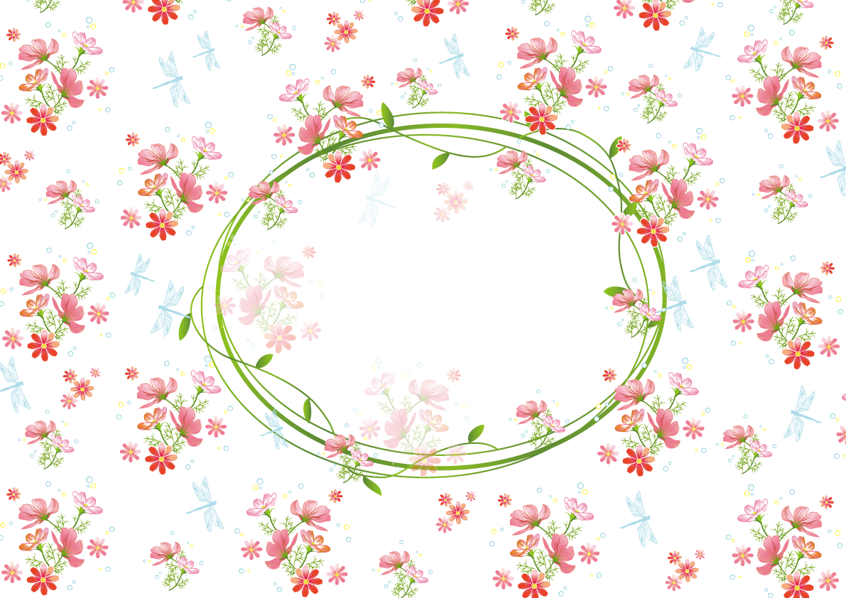 秋「コスモス(秋桜)・トンボ」 おしゃれフレーム枠無料イラスト33235に写真・文字を入れる