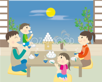 お月見でお団子を食べている家族 秋の無料イラスト33298