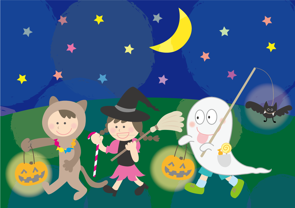 かわいいハロウィンの仮装をした子供たちが、お菓子をもらいに歩く秋のイラスト33314に写真・文字を入れる