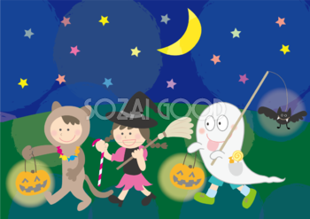 かわいいハロウィンの仮装をした子供たちが、お菓子をもらいに歩く秋のイラスト33314