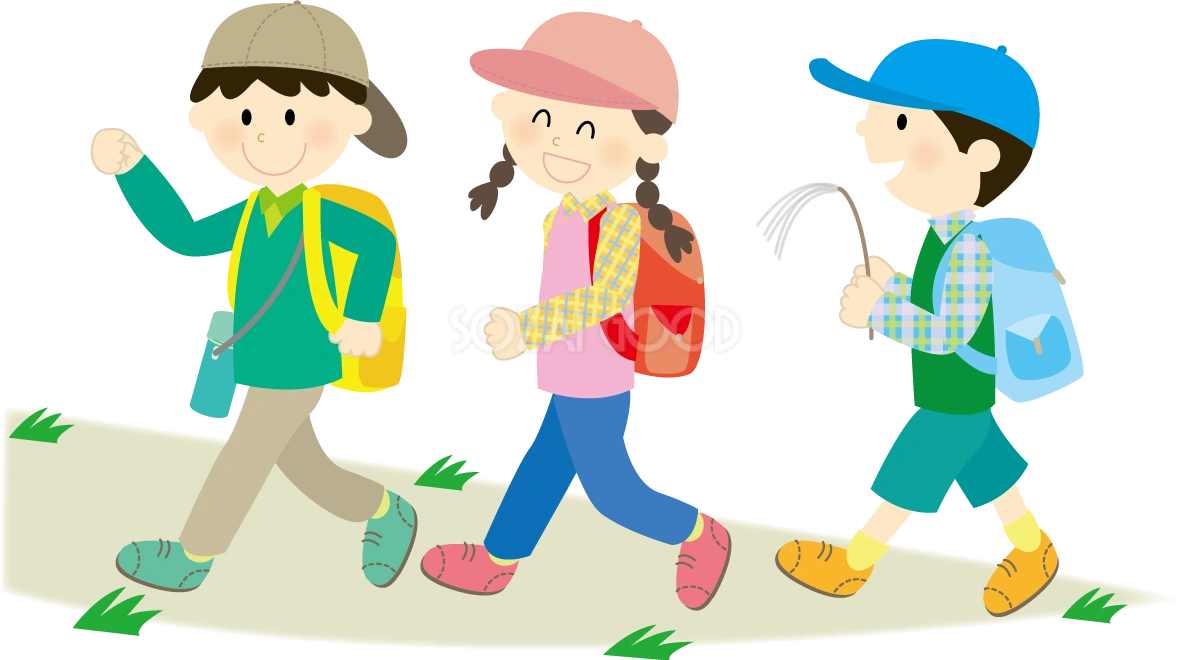 登山遠足でリュックを背負って歩いている児童達のかわいい無料イラスト33318