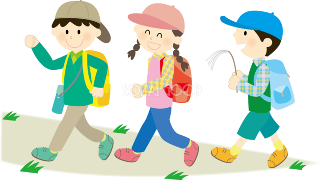 登山遠足でリュックを背負って歩いている児童達のかわいい無料イラスト