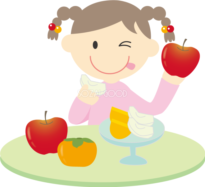 柿とりんごを食べる女の子 秋の無料イラスト33338 素材good
