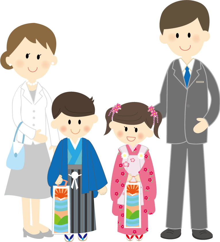 七五三で晴れ着の男女の子供に千歳飴を持たせる。晴れ着をきた子供を含めた家族 秋の無料イラスト33366に写真・文字を入れる