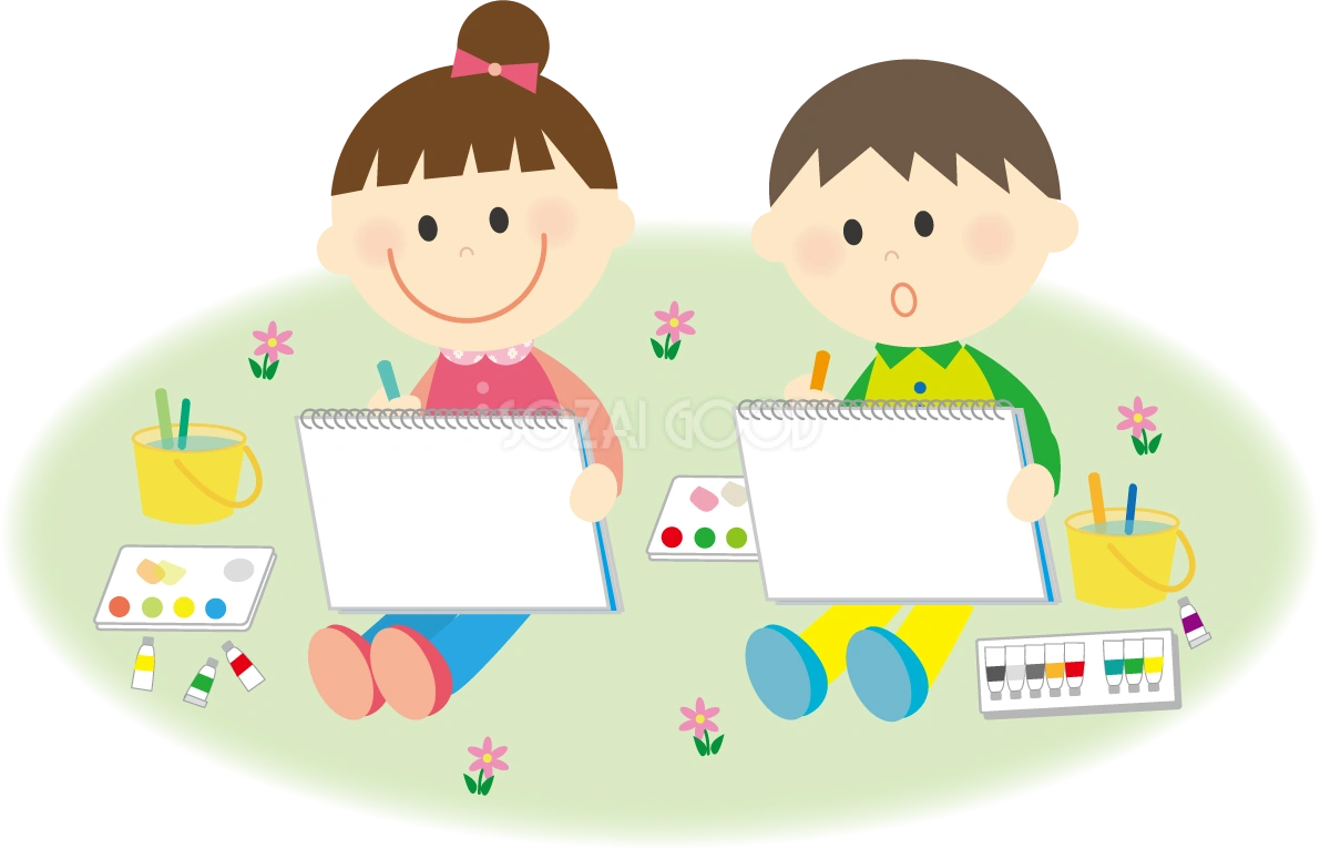 写生大会で子供が絵を描いている 秋の無料イラスト33370