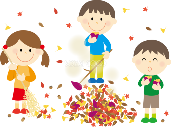 落ち葉を山にして 焼き芋をしている子供たち 秋の無料イラスト33399