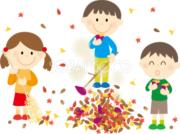 落ち葉を山にして、焼き芋をしている子供たち 秋の無料イラスト33399