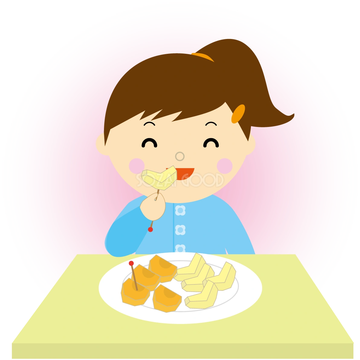 柿とリンゴを食べる女の子 秋の無料イラスト33452