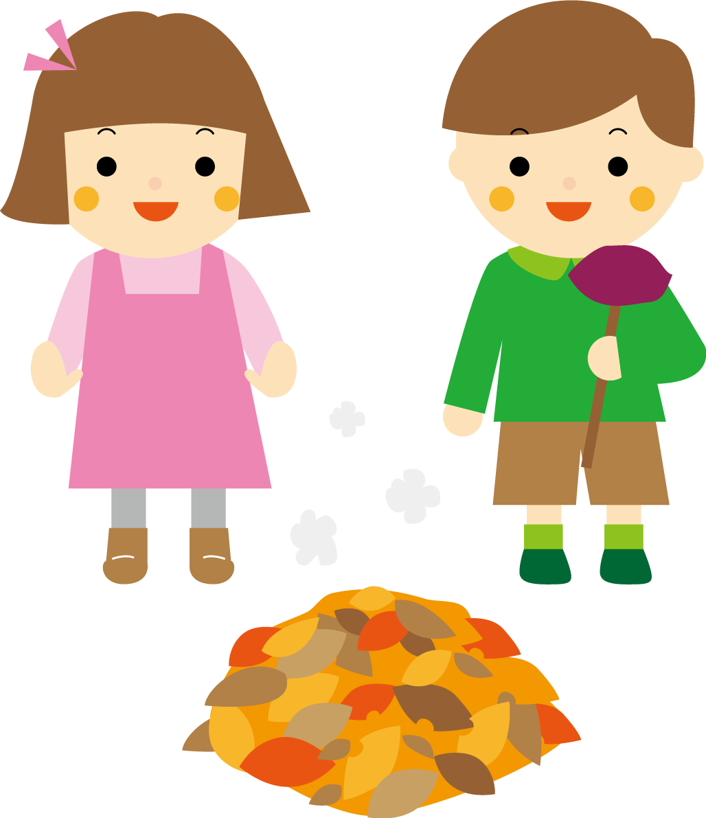 男の子と女の子が笑顔で落ち葉で焼き芋をしている 秋の無料イラスト33468に写真・文字を入れる