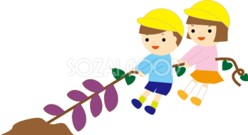 幼稚園児が一生懸命芋掘りをしている 秋の無料イラスト33480