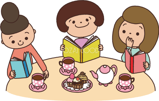 若い女性が3人でお菓子を前に読書会をしている様子 秋の無料イラスト 素材good