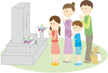 かわいい家族がお墓参りをしている光景 無料イラスト33914