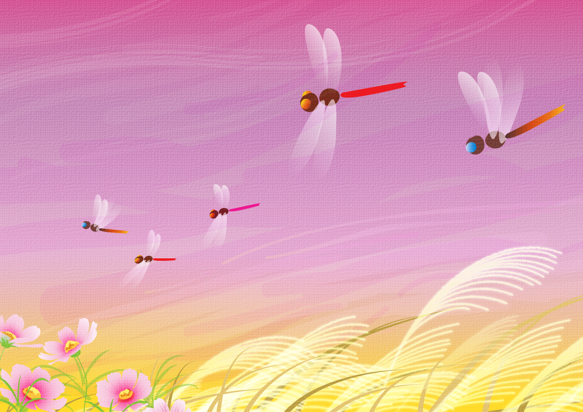 秋空の背景イラスト「コスモス(秋桜) すすき とんぼ」 無料 フリー34514に写真・文字を入れる