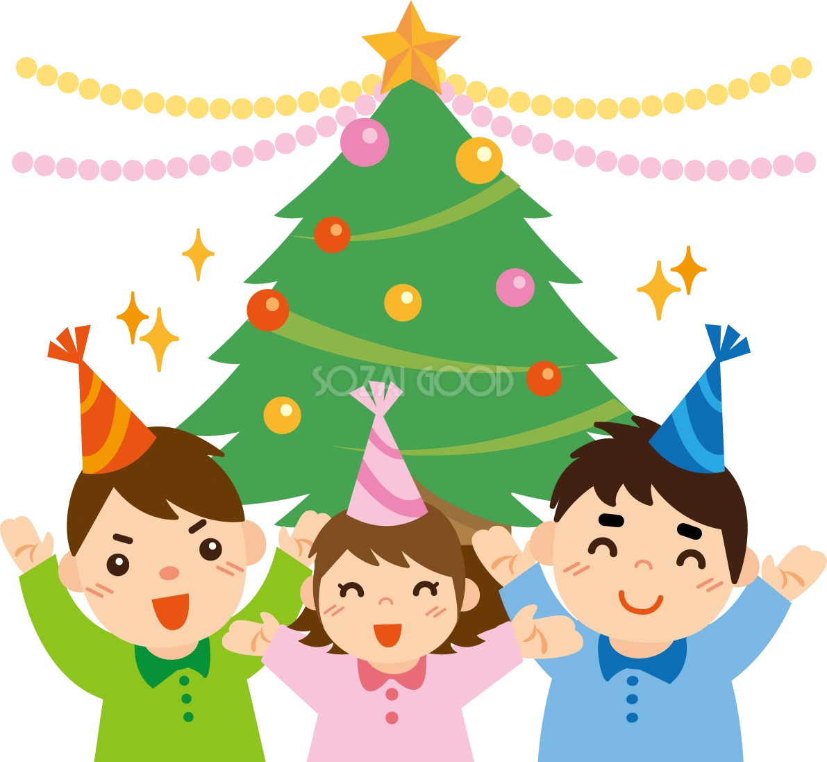 冬 かわいいイラスト 無料 フリー「3人でクリスマスパーティ」34711