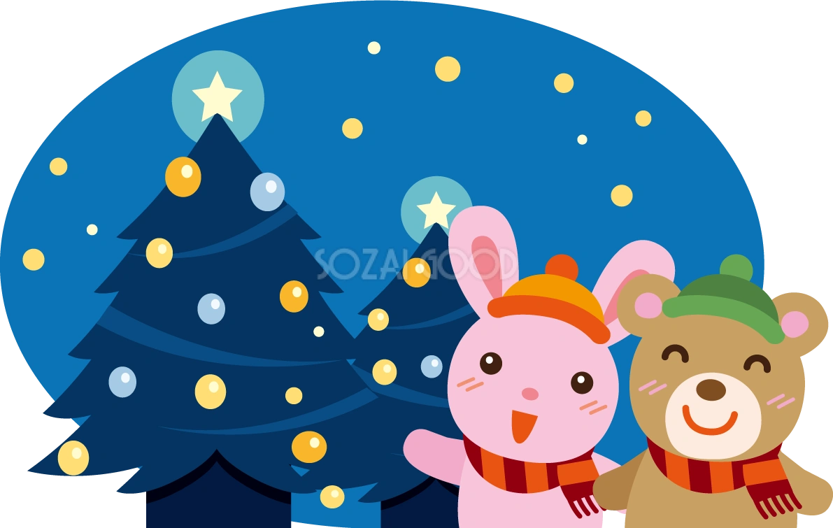 冬 かわいいイラスト 無料 フリー「イルミネーションと動物」34715
