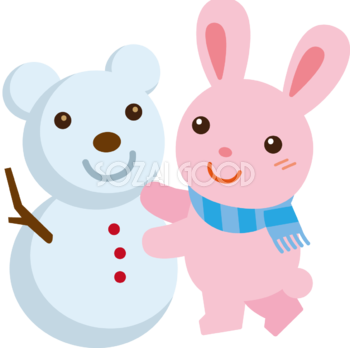 冬 かわいいイラスト 無料 フリー「ウサギと雪だるま」34719