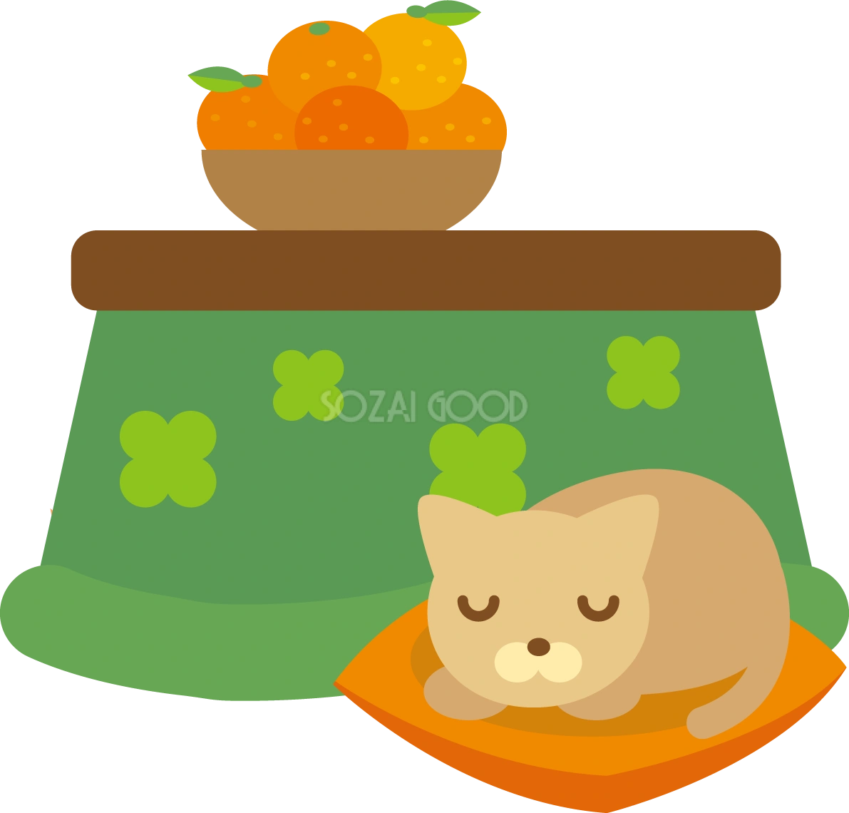 冬 かわいいイラスト 無料 フリー「こたつとミカンと猫」34743