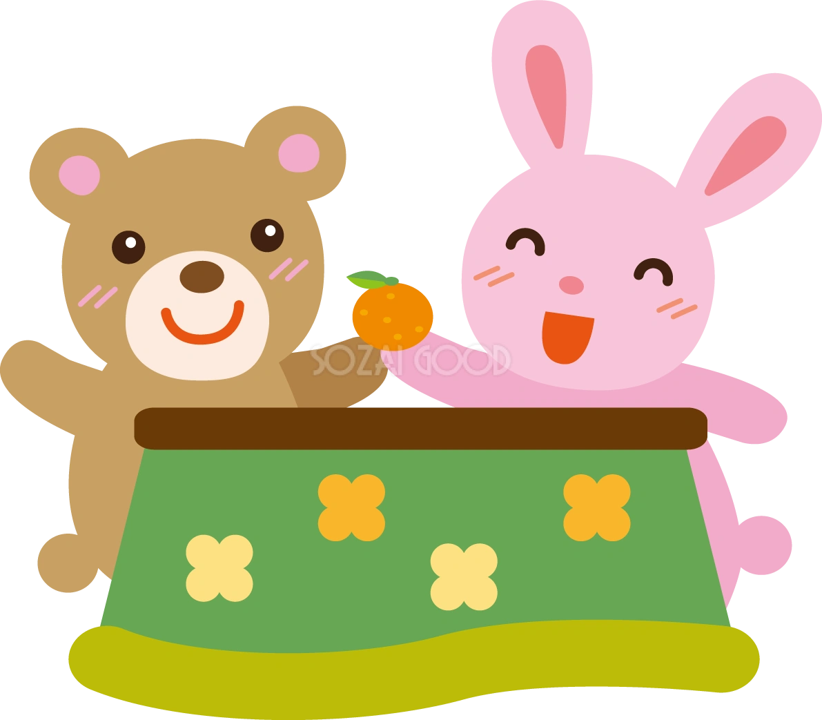 冬 かわいいイラスト 無料 フリー「コタツとうさぎ&くま」34756