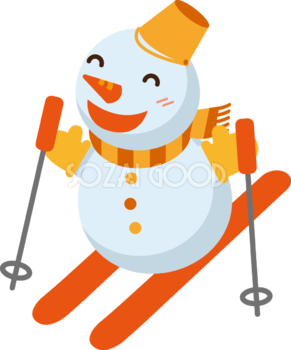 冬 かわいいイラスト 無料 フリー「スキーをする雪だるま」34776