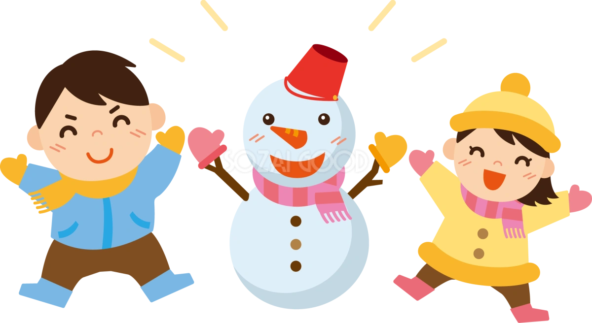 冬 かわいいイラスト 無料 フリー「雪だるまと子ども達」34869