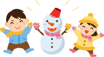 冬 かわいいイラスト 無料 フリー「雪だるまと子ども達」34869