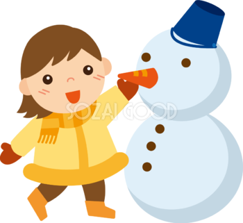冬 かわいいイラスト 無料 フリー「雪だるまを作る女の子」34877