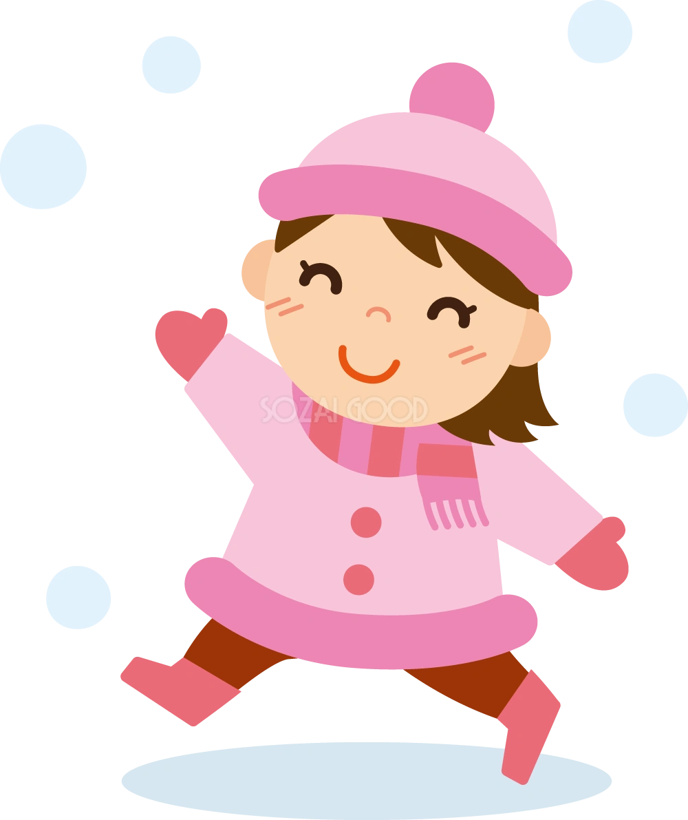 冬 かわいいイラスト 無料 フリー「雪の中を走る女の子」34885