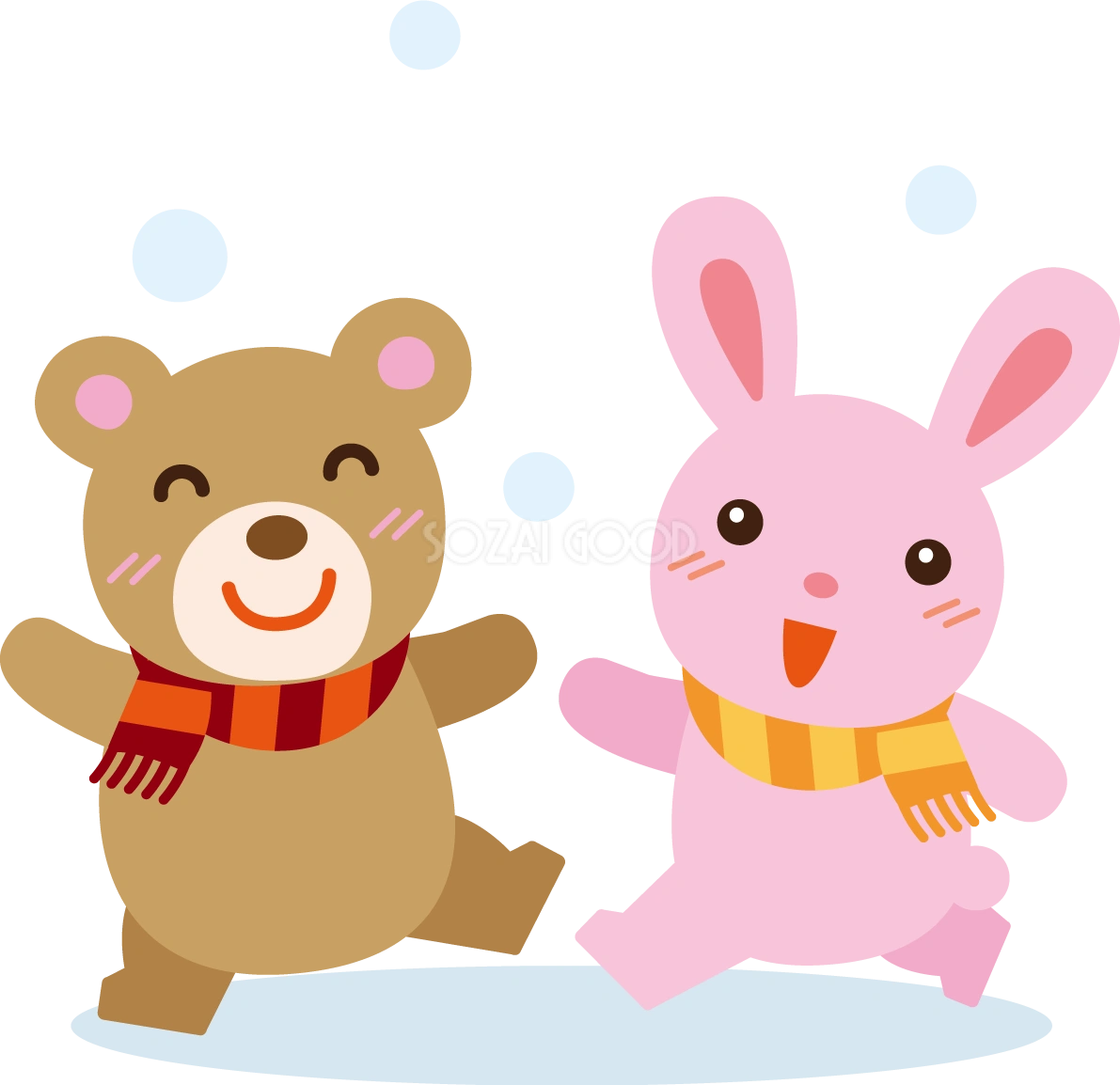 冬 かわいいイラスト 無料 フリー「雪を喜ぶ動物たち」34894