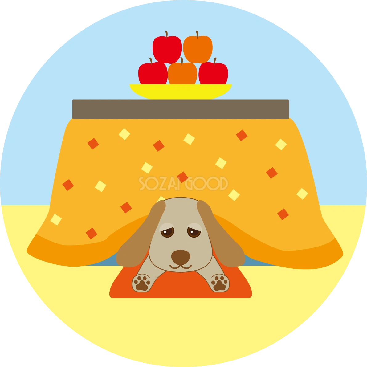 無料イラスト冬 犬がコタツで丸くなる35157