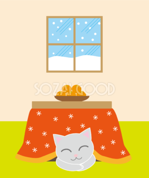 無料イラスト冬 猫がコタツで丸くなる35185