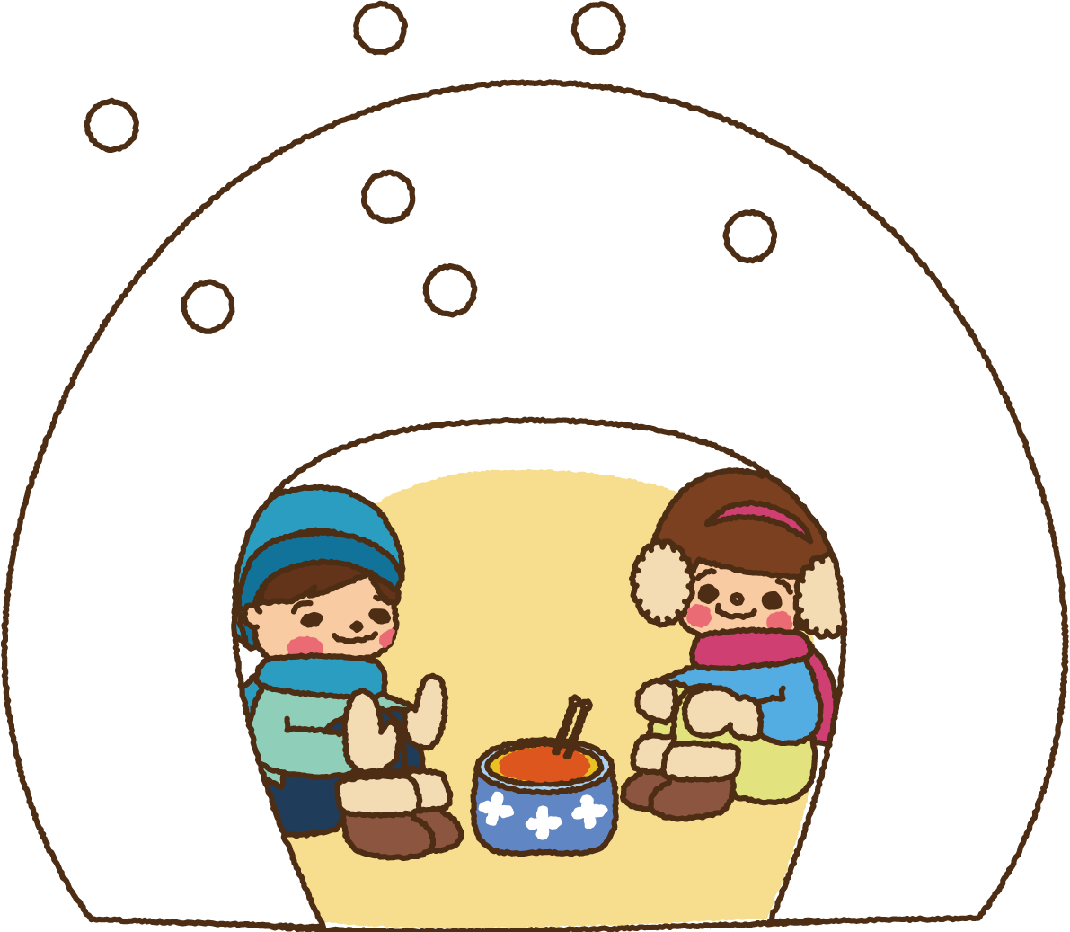無料イラスト冬 かわいいかまくらの中で温まる男の子と女の子35219に写真・文字を入れる