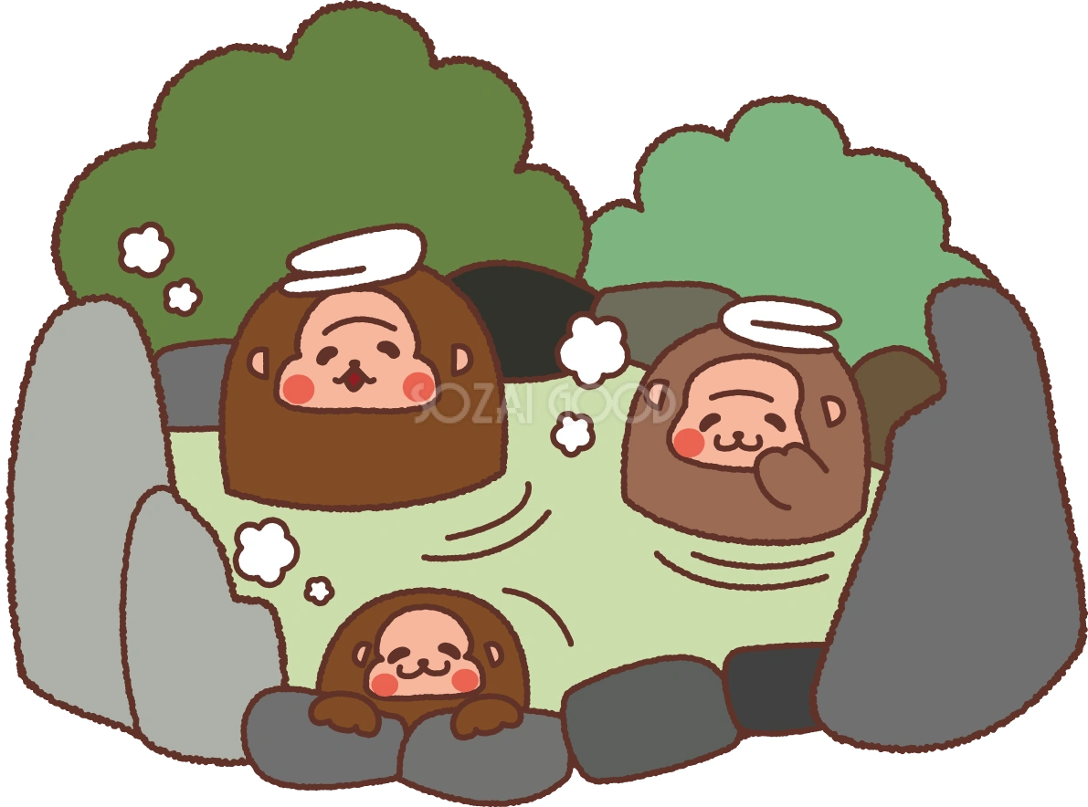 無料イラスト冬 かわいい温泉につかる猿の親子35300