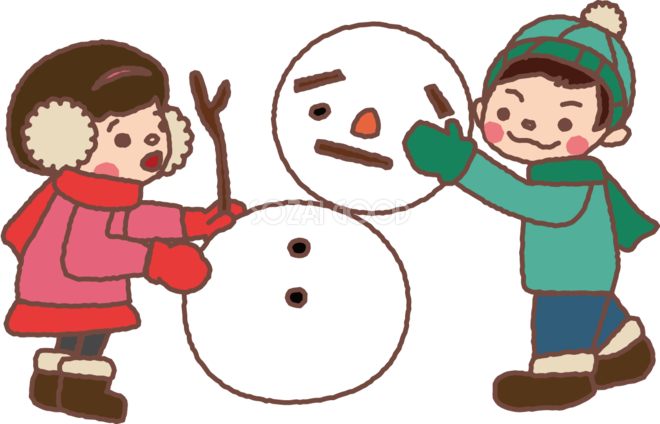 無料イラスト冬 かわいい雪だるまを作る男の子と女の子 素材good
