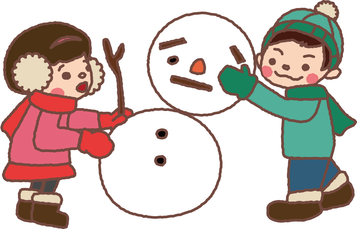 無料イラスト冬 かわいい雪だるまを作る男の子と女の子35337に写真・文字を入れる