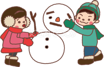 無料イラスト冬 かわいい雪だるまを作る男の子と女の子35337