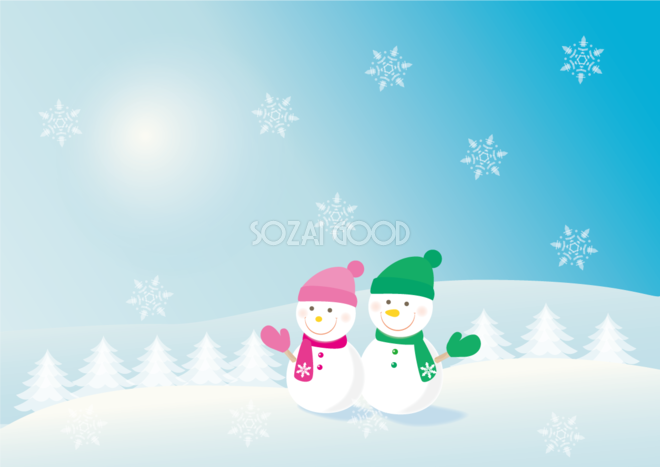 無料イラスト 冬の背景素材 かわいい雪だるまと広大な雪景色 素材good