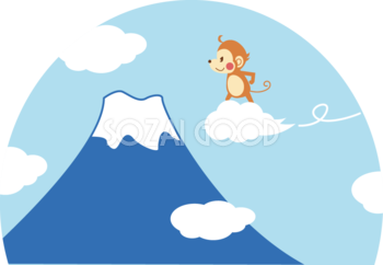 かわいい猿の無料 フリー イラスト年賀状や干支 富士山の上を飛ぶ35973