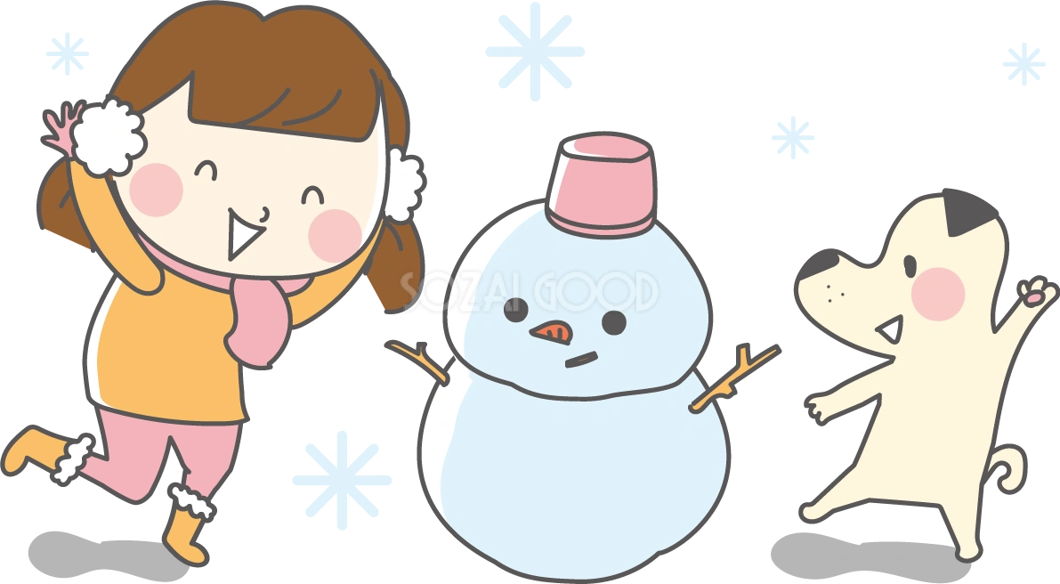 無料イラスト冬 雪だるまと犬と女の子36149