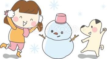無料イラスト冬 雪だるまと犬と女の子36149