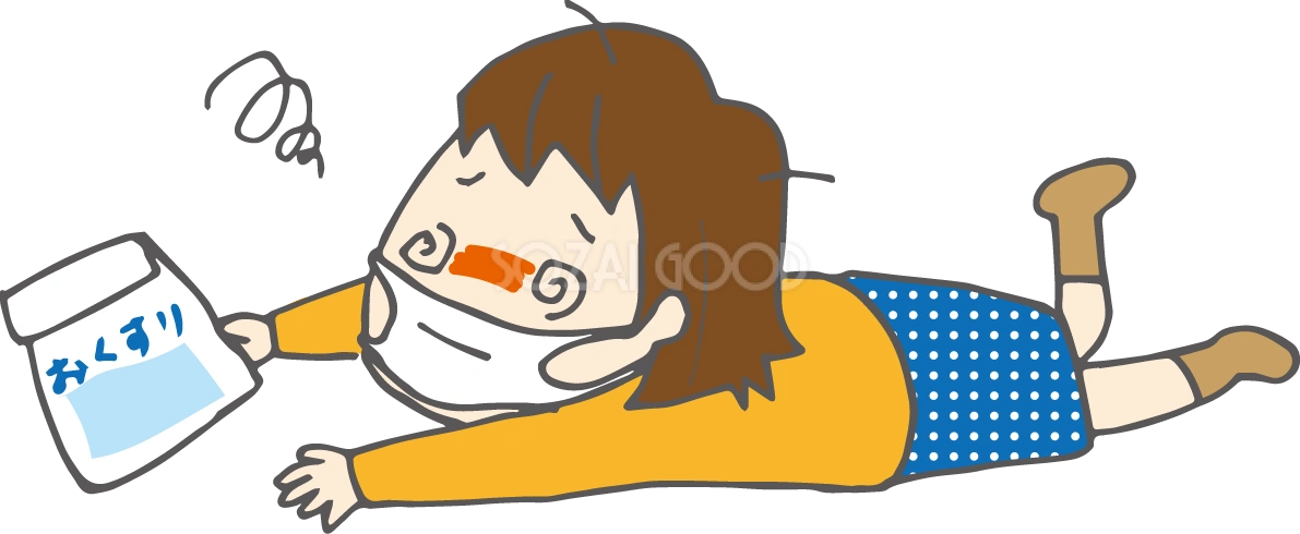 無料イラスト冬 風邪をひいてダウンな女性36165