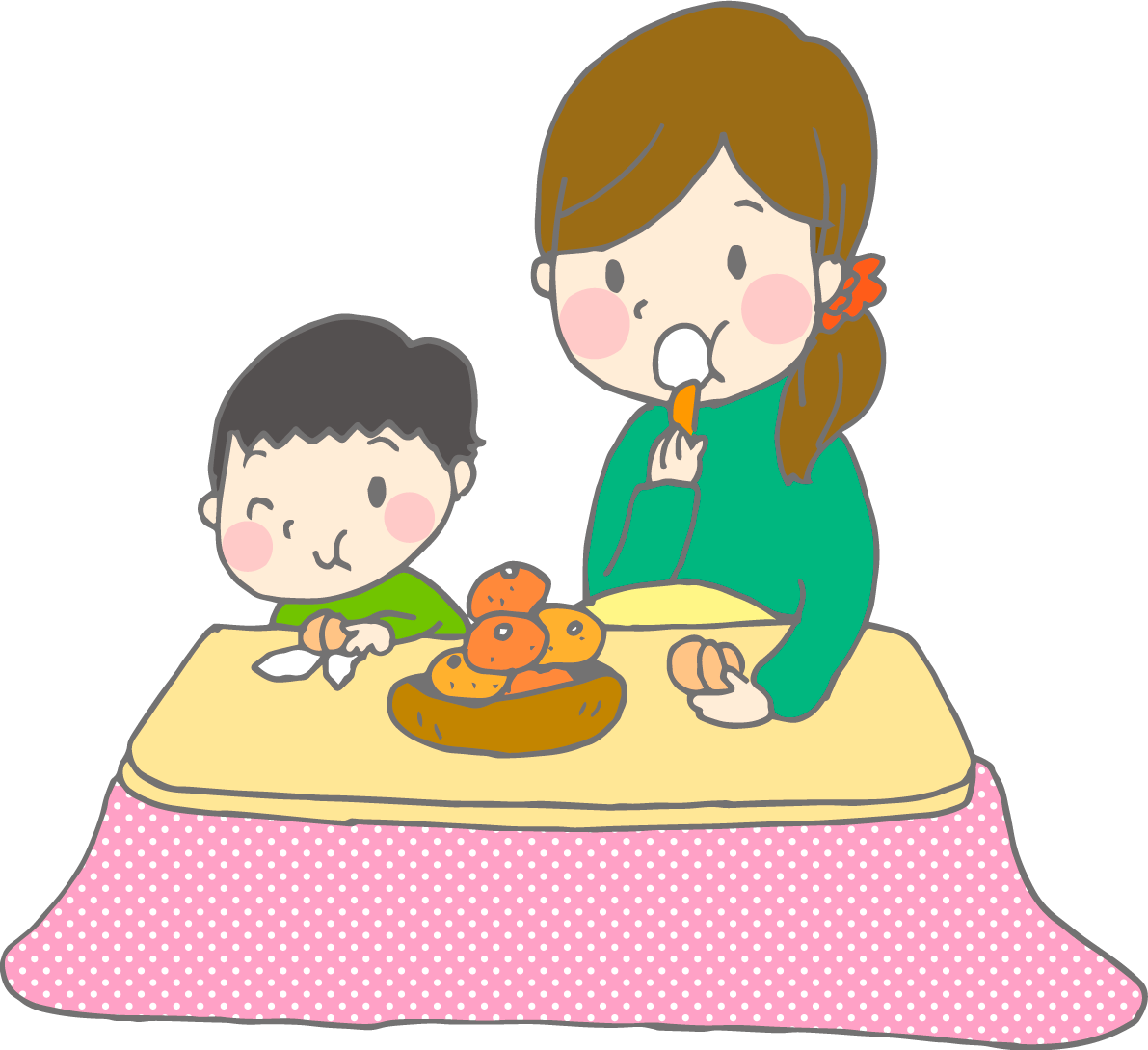 こたつでみかんを食べる親子 冬の無料イラスト37131に写真・文字を入れる
