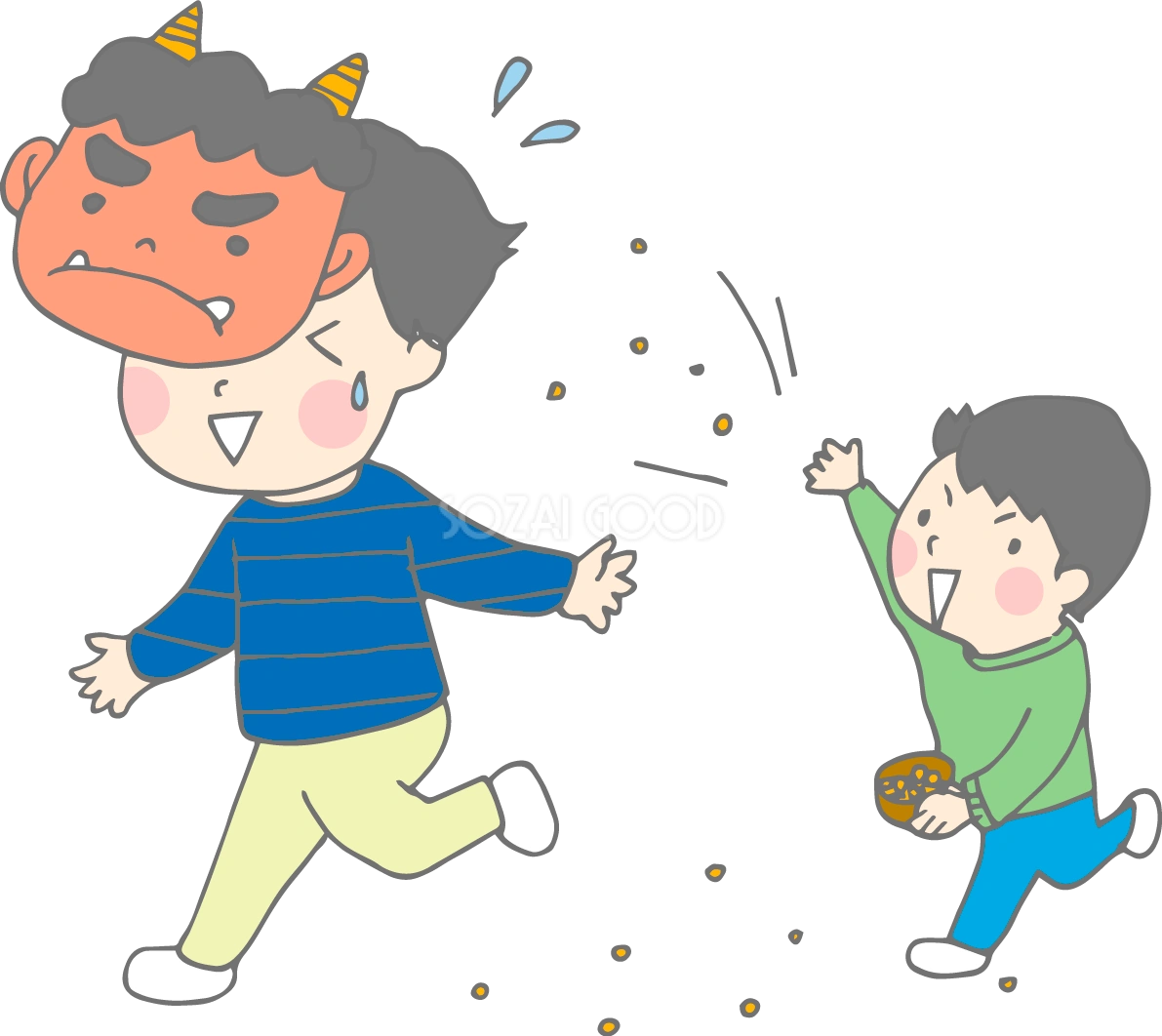 赤鬼のお面をつけ逃げるお父さんと豆まき子どもの節分無料イラスト37159