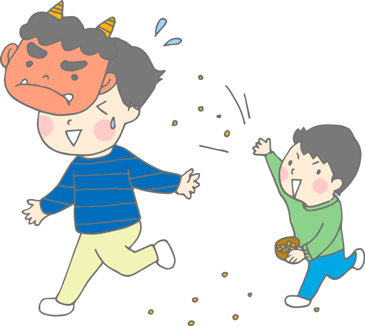 赤鬼のお面をつけ逃げるお父さんと豆まき子どもの節分無料イラスト37159に写真・文字を入れる