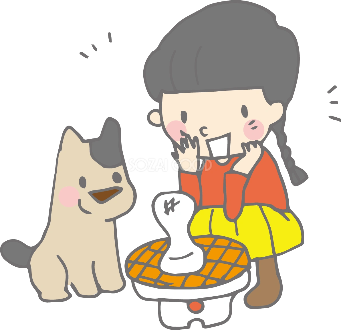 おもちを焼く女の子と犬 冬の無料イラスト37187